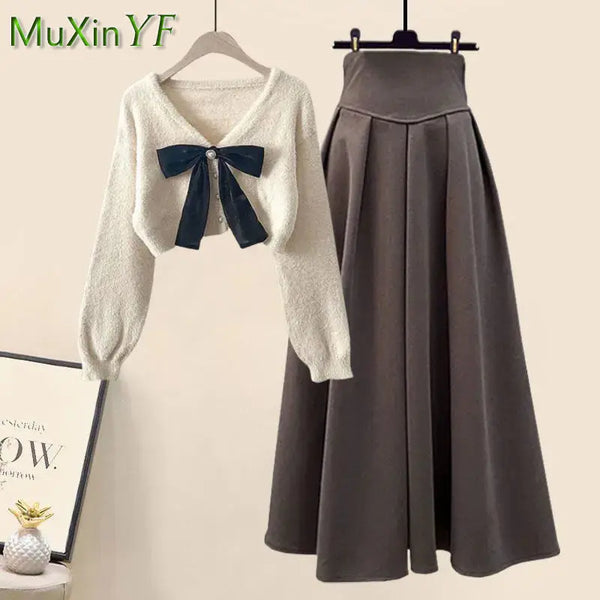 Spring Autumn in Matching Sets Women's Slim Bow Sweater+High Waist Skirt Two-piece Set Korean Chic Dress Suit