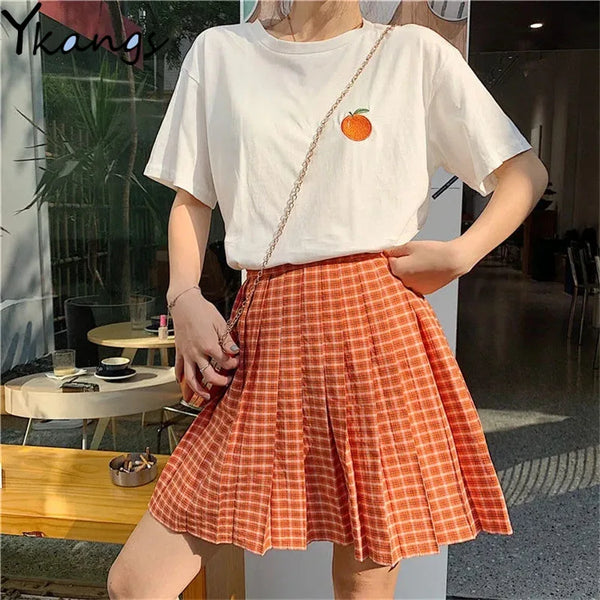 Kawaii Cartoon Print Y2k Short Sleeve T-shirts Summer Harajuku High Waist Plaid Pleated Skirts Korean Ulzzang Skirt Sets