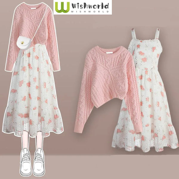 Korea Asymmetric Thickened Knitted Sweater Pullover Print Strap Dress Two Piece Elegant Women's Party Dress