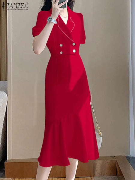 ZANZEA 2024 Women Mermaid Long Shirt Dress Puff Short Sleeve Elegant Casual Slimming Midi Fishtail Dresses Solid Buttons Vestido