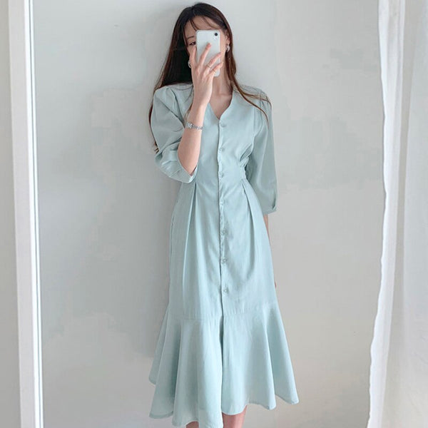 #0910 Blue Khaki Mermaid Dress Women Front Buttons Shirt Dress Lantern Sleeve Sexy V Neck Casual Long Shirt Dress High Waist