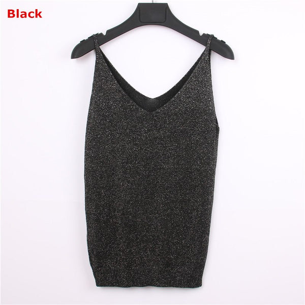 18 Colors Sexy Knitted Tank Tops Women Camis Gold Thread Top Vest Sequined V Neck Blusa Solid Silver Camis Beige Fitness Sweater