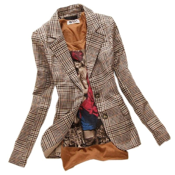 2015 New Fashion Women's Plaid Elbow Patches Slim Blazer Ladies Autumn Suits Basic Jacket Casual Blazer Feminino A360