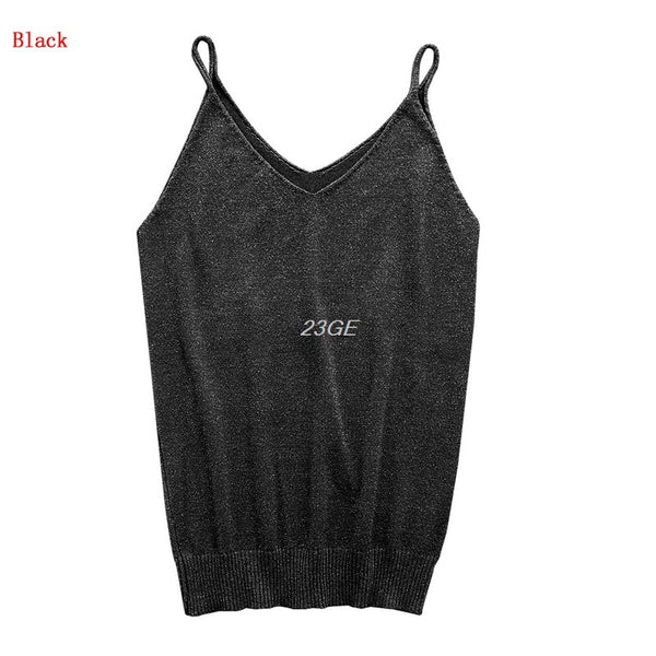 Glittering Knitted Women Camisole Vest Stretchable V Neck Slim Sexy Strappy Tank Tops MAR25_17