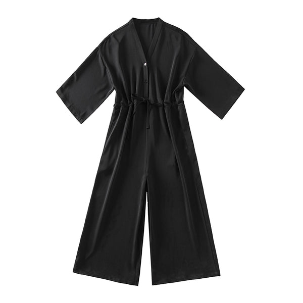 Spring Summer Black Casual Jumpsuit Siamese Pants Loose Women V Neck Nine Sleeves Jumpsuit Women