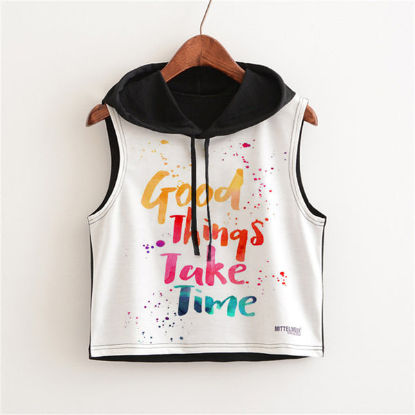 Women Summer Letter Printed T-Shirt Harajuku Crop Top Sleeveless Hooded Letter Short Hip Hop Black Tops Brand design