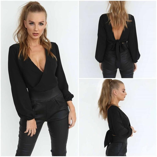 2022 Autumn Summer Sexy Women Blouse Deep Veck Backless Bow Shirts Solid Women Crop Tops Clubwear Long Sleeve Nightclub Wear