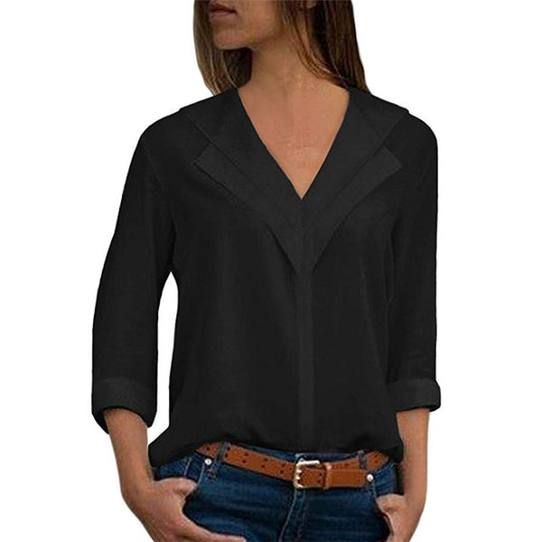 Chiffon Blouse Women Long Sleeve Shirt Fashion V Neck Slim Solid Top Elegant Ladies Office Blouse Plus Size Casual Blusas