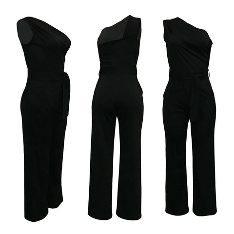 Fashion Casual One Shoulder Jumpsuit Women Sleeveless Wide Leg Lady Bodysuits Sexy High Waist Solid Rompers Female Overall