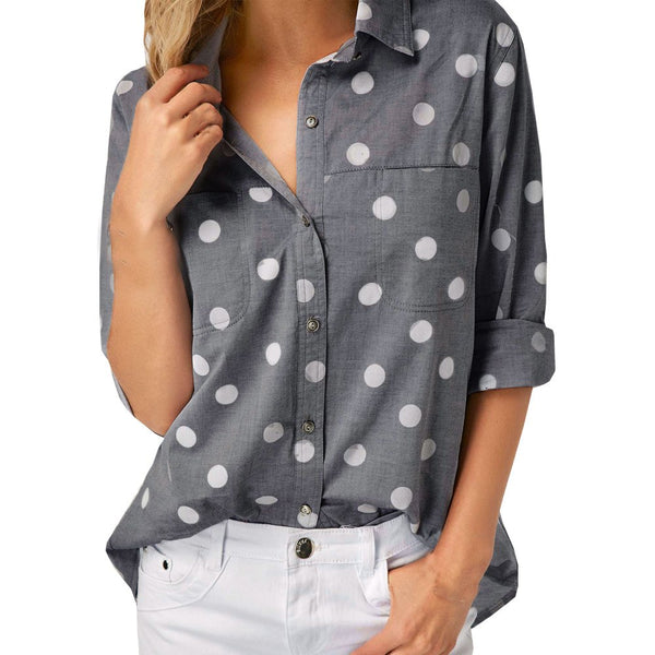 Fashion Female Elegant Office Shirt Autumn Long Sleeve Turn-Down Collar Tunic Tops Dot Print Pockets Blouse And Top Blusas