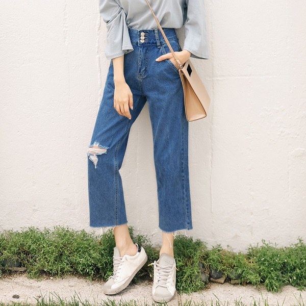 2022 Fashion Summer Boyfriend Jeans For Women Vintage High Waist Washed Button Blue Denim Long Wide Leg Pants Hole Jeans Femme