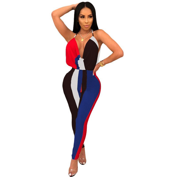 High Street Low-cut Stripe Jumpsuit Romper Women Sexy Backless Mid-waist Playsuit Body Female Fashion Summer Beach Overalls
