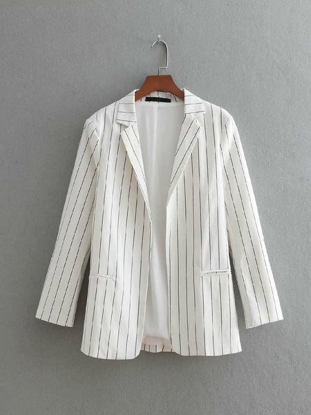 NEW Suit Women Retro Roll Up Three Quarter Striped Blazer Jacket White Casual Coat Office Business Cardigan Feminine Tops