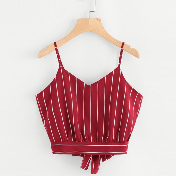 New Sexy Women's Self Tie Back V Neck Striped Crop Cami Top Camisole Blouse high waisted shorts Mar 27