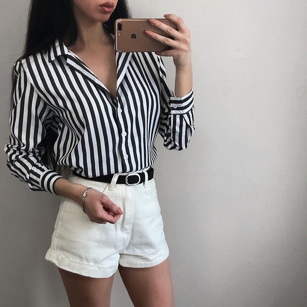2022 New Spring Autumn Women Blouse black strips V-Neck Long Sleeve Work Shirts Women office Tops Striped blouse for business
