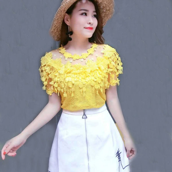 2023 Summer Autumn Women Lace Blouse Sweet Floral Hollow Out Lace Shirt Female Backless Mesh Blouses Blusas Short Tops AB929