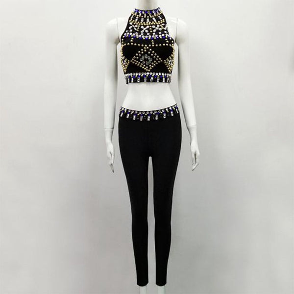 New Summer Bandage Jumpsuit Women Celebrity Party Black Sleeveless Off Shoulder 2 Two Piece Set Beading Sexy Bodysuit Women