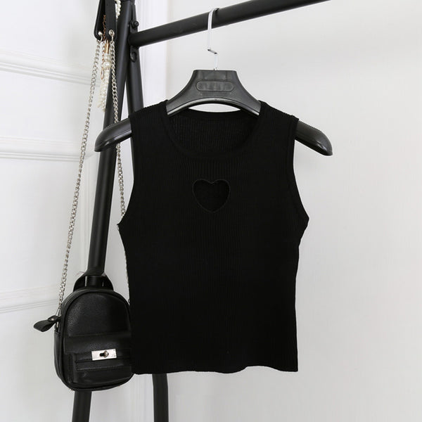 2022 New Women Tank Tops Heart Cut Out Knit Crop Top Harajuku Cute Sleeveless Midriff-baring Slim Short Tops #A020