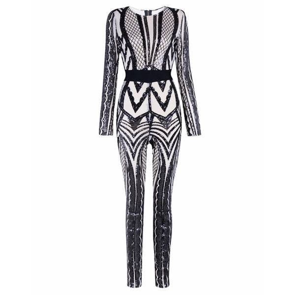 2022 Newest Summer Jumpsuit Women Celebrity Party Long Sleeve O-Neck Sequined Sexy Night Out Bodycon Bodysuit Women Wholesale