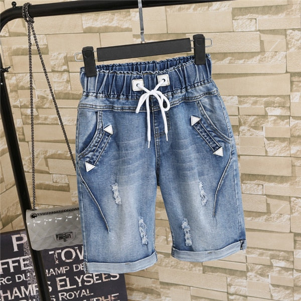 Plus size 4XL 5XL Summer Ripped Jeans Short Pants Women Casual Lace Up Capris Ladies Wide Leg Denim Jeans Harem Pants C3200