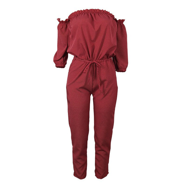 Rompers Women Jumpsuit Sexy Full Length Off Shoulder Print Dot Elastic Waist Female Playsuit Overall Women Clothing WS5081P