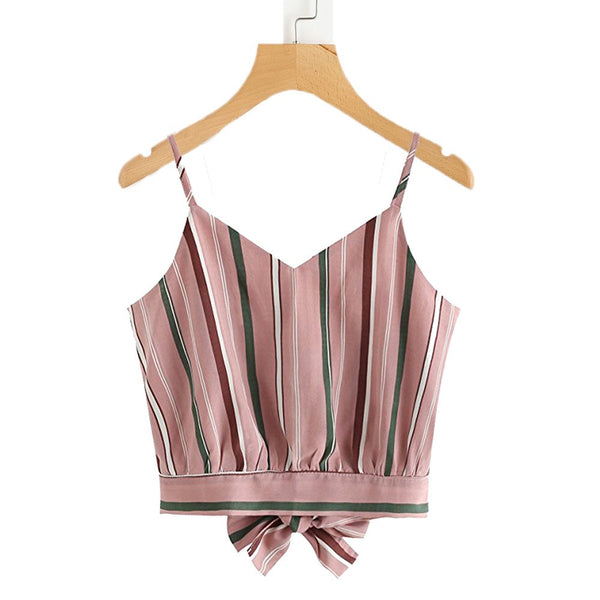 2022 Spring New V Neck Cropped Blouse Women Sleeveless Bow Tie Shirt Female Striped Summer Crop Top Clothing Moletom Feminino#EW
