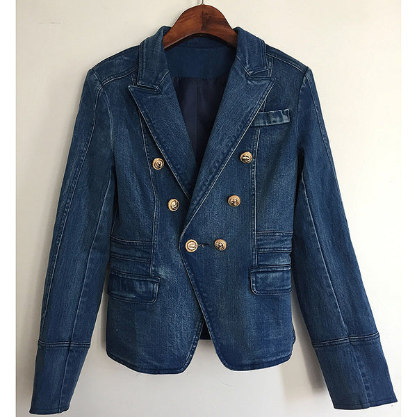 Spring New Women Navy Blue Denim Balzaer Female Double-breasted Slim Jeans Suit Vinatge Outwear