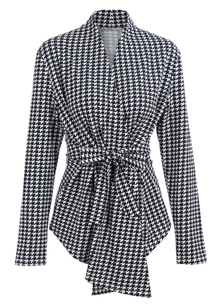2022 Spring Women Houndstooth Plaid Cardigan Coat Long Sleeves Open Front Waist Strap Asymmetrical Casual Tops Outwear female