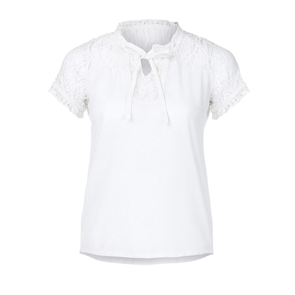2022 Summer Autumn Women Sexy Deep-V Lace Patchwork Chiffon Bandage Short Sleeve Blouse Pullover lady Tops Shirt Blusa Feminina