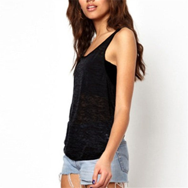 Summer Sexy Women See Through Tank Tops Fashion Sleeveless O Neck Loose Vest Top Black White Casual Shirt Plus Size Blusas