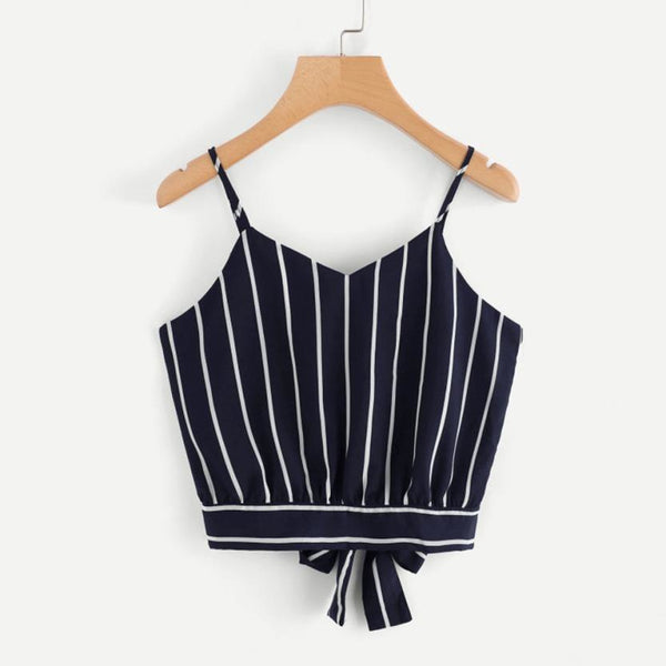 Summer Style Tank Tops For Women's Self Tie Back V Neck Striped Crop Tops Cami Camisole Female Camisas Mujer &308