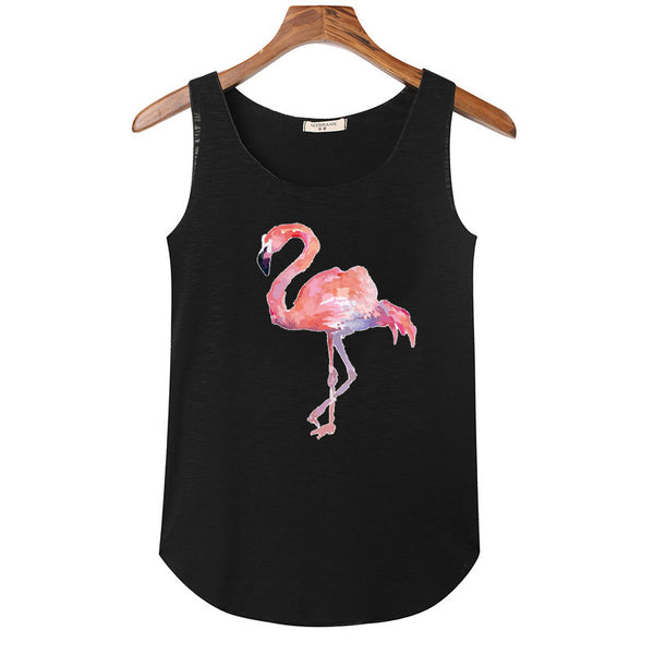 2022 Summer Women Flamingo Print Tank Tops Bamboo Cotton Elasticity Slim Sleeveless T shirt Tops Tees Ladies O-neck Crop Shirts