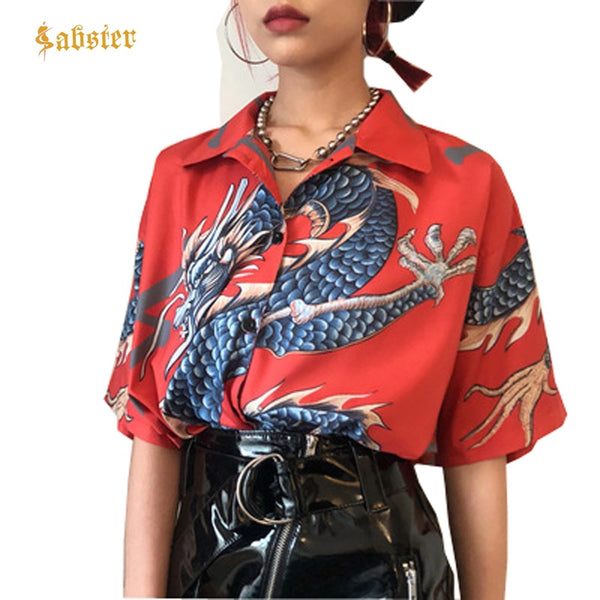 2023 Summer Women Tops Harajuku Blouse Women Dragon Print Short Sleeve Blouses Shirts Female Streetwear kz022