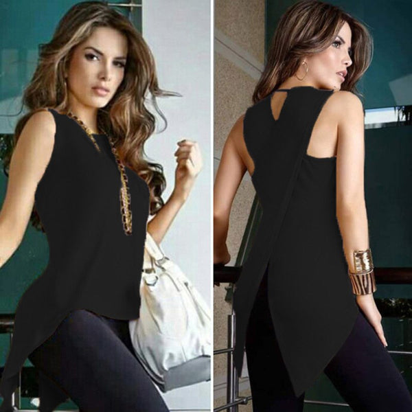 Summer Women's O-Neck Sleeveless Casual Tank Back Cross Cracked Hem Irregular Shirt Sexy Chiffon Tops and Blouses