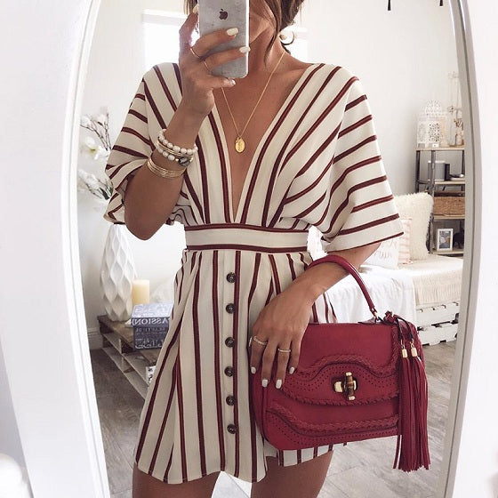 Women's Vacation Bohemian Beach Striped Button Dress Sexy Deep V Neck Loose Dresses Summer Women Vintage Casual Dresses