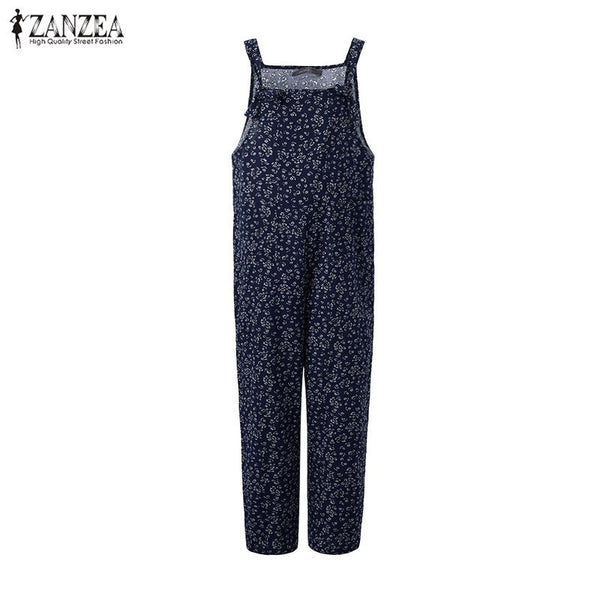 2022 Women Retro Floral Print Strap Jumpsuit Dungaree Casual Loose Cotton Linen Adjustable Long Suspender Oversize Romper