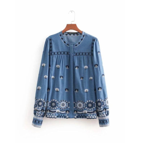 casual lady flower embroidery thin denim blouse fashion women o neck long sleeve shirt loose tops chemise blusas S3306