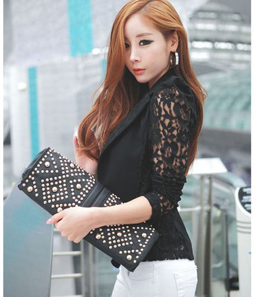 shirt Korean Slim Fit Coat Office Clothes Women Sexy Long Sleeve Lace Crochet Small Blazer Jacket Feminino 4XL
