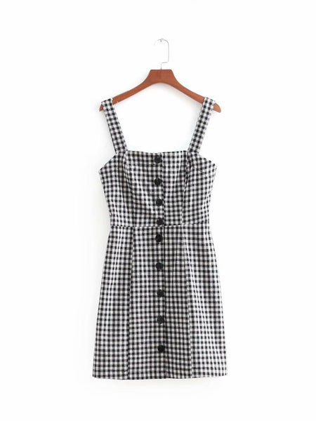 2022 women vintage sex spaghetti strap single breasted buttons plaid slimming dress elegant female vestidos sling dresses DS859