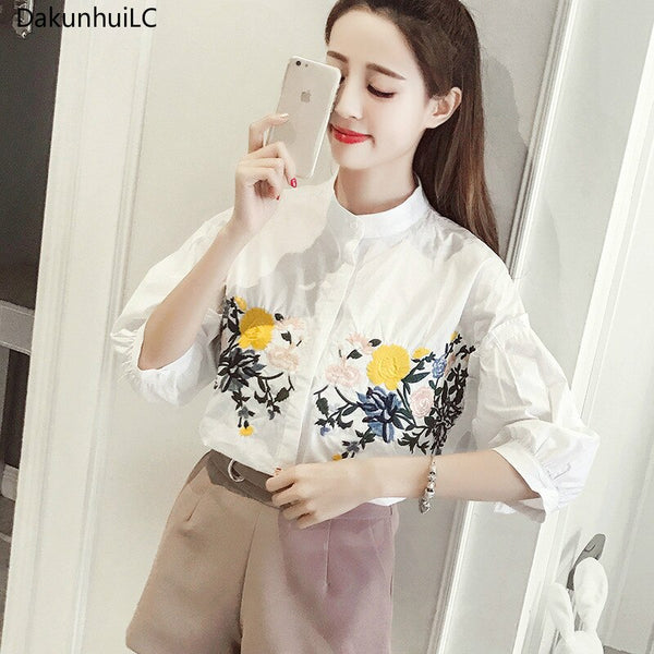 2023 Summer Casual Tops Embroidery Female Blouse Flower Pattern Stand Collar Lantern Sleeve Cotton Women Shirts