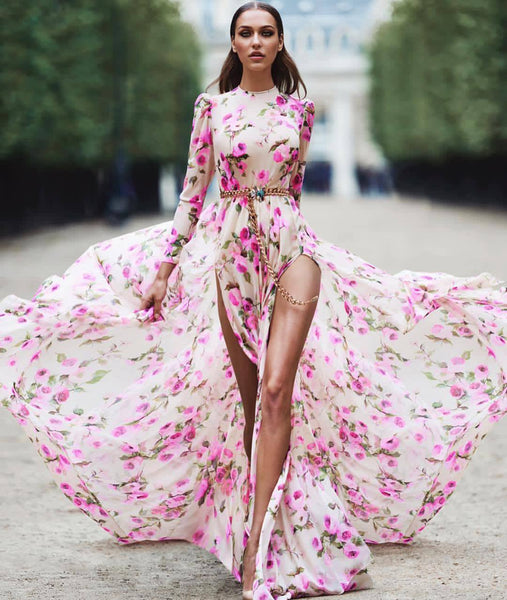 2022 summer women's printed swing dress split skirt beach skirt