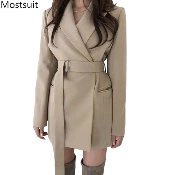 2022 Autumn Korean Vintage Women Blazers Coats Women Long Sleeve Notched Collar Belted Jacket Tops Elegant Ladies Blazer