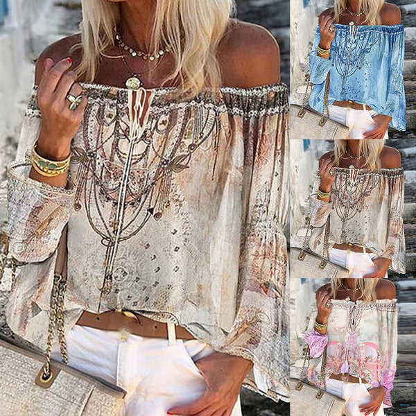 2023 Blouses Women Long Sleeve Off Shoulder Floral Print Hollow Out Lace Up Blouse Shirt Top Women's Clothing блузка женская
