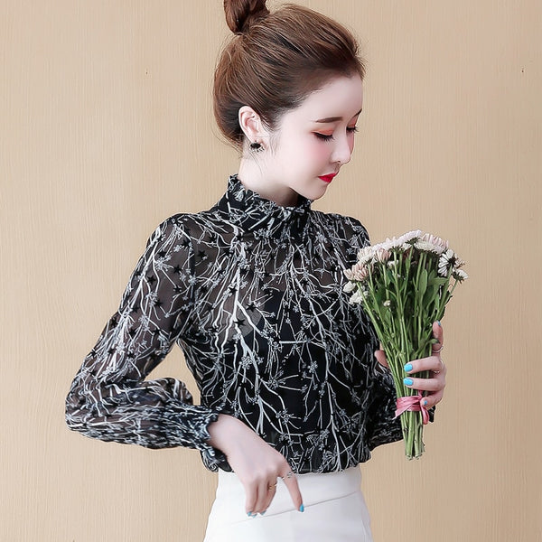 2023 Blouse Office Elegant Lady Chiffon Tops Female Spring Autumn Stand Collar Long Flare Sleeve Star print Print Shirt