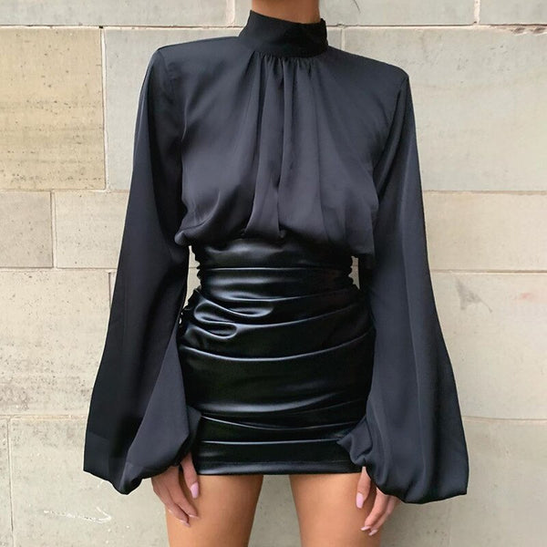 2023 Lantern Sleeve Blouse Shirt Solid Elegant Casual High Collar Blusas Tops OL Office Lady Shirt Plus Size XZ727