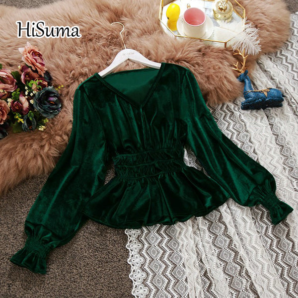2023 autumn winter women chic V-neck long-sleeve waist joker velvet lantern sleeve blouse female solid elegant shirts tops