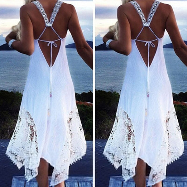 2022 Boho Hollow Long Dress Women Backless Halter Beach Dress White Black O Neck Sleeveless Midi Dress Vestidos