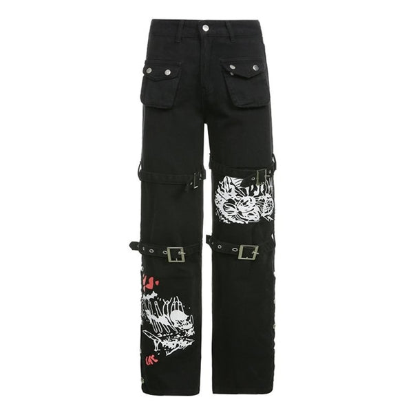 2022 Women Goth Punk High Waist Jeans Harajuku Metal Buckle Hip Hop Print Cargo Pants Wide Leg Baggy Loose Denim Trousers