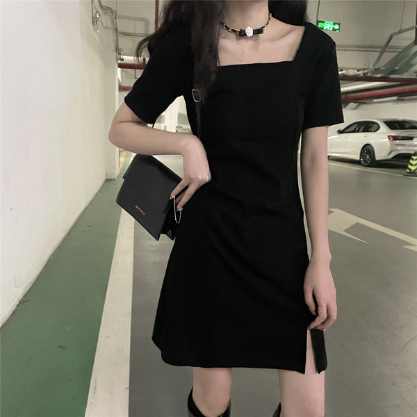 2022 Spring and Summer Style French Style Elegant Black Square Collar Short Sleeve Dress for Women Summer Slim Slimming