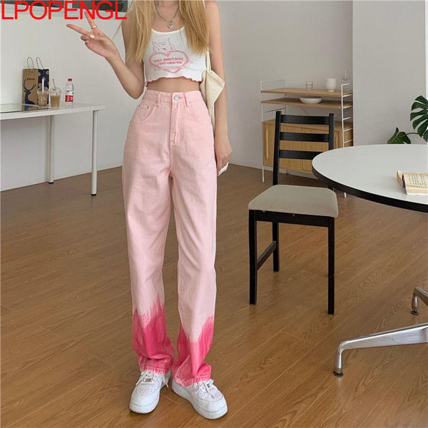 2022 Summer High Waist Women's Jeans Patchwork Retro Harajuku Gradient Color Pants Cotton Denim Trousers Big S-4xl